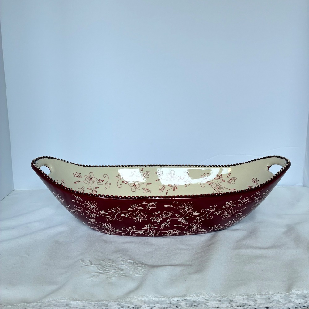 Temp-tations Serving Bowl Red Floral Lace Oval Boat Dish Farmhouse Cottage Bread